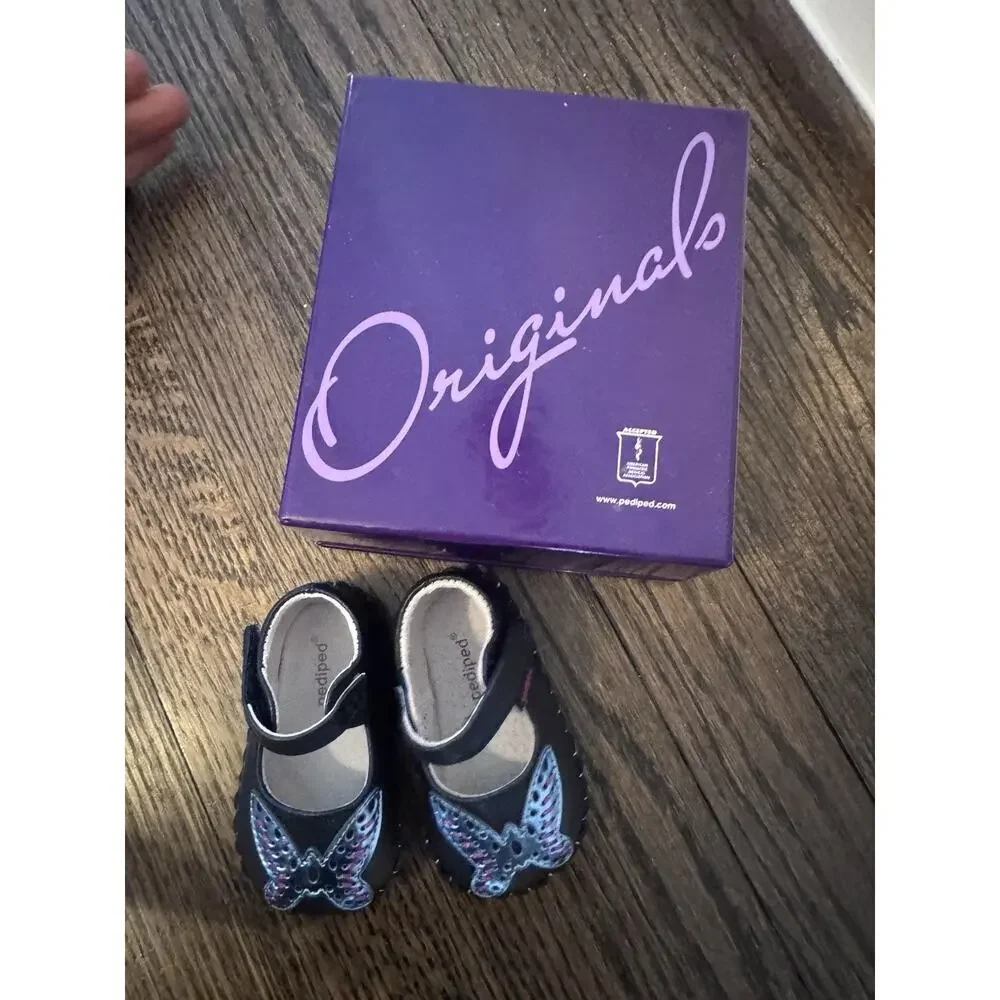 PediPed Infant 0-6 Month Mary Janes Navy Blue Leather Dress Shoes Butterfly NWT